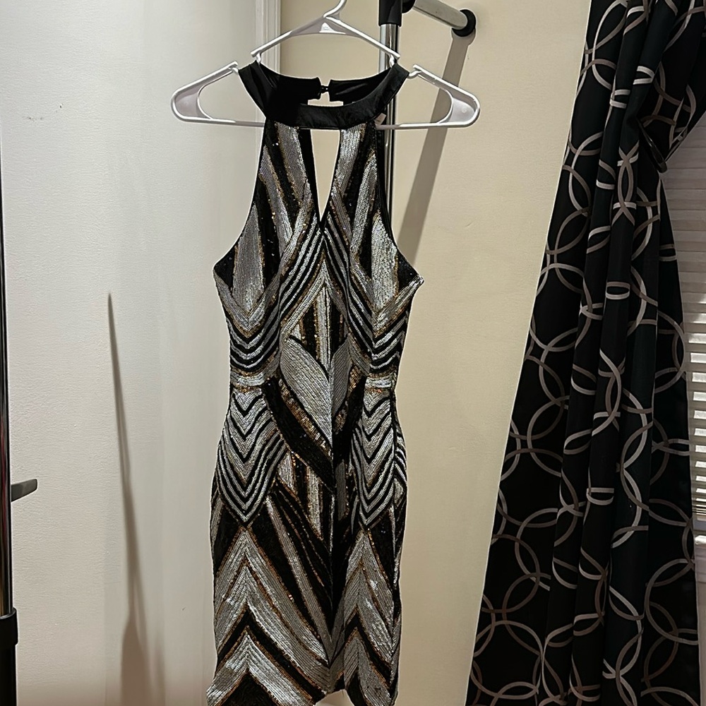Black, Gold and White Sequins Dress - Size M